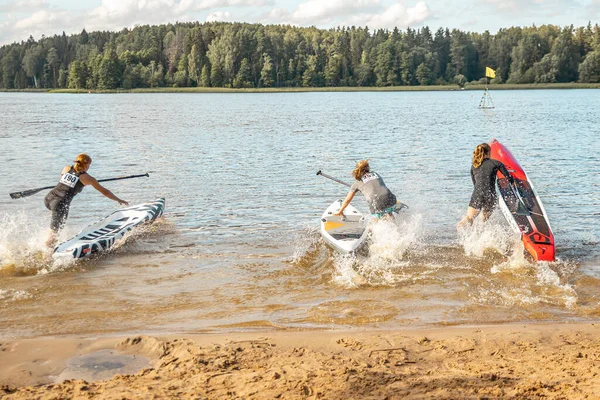 Paddling Sup Board Lake Sunny Day Stand Paddle Boarding Awesome — Stockfoto