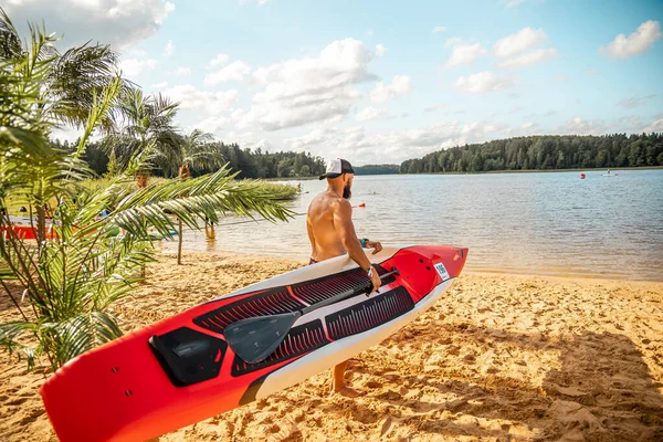 Paddling Sup Board Lake Sunny Day Stand Paddle Boarding Awesome — Foto de Stock