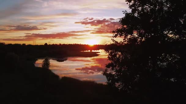 Sunset Sky Reflect Water River Landscape Nature Background Aerial Drone — Αρχείο Βίντεο