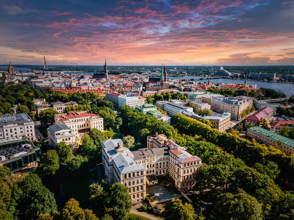 Aerial View Riga Center Latvia Sunset Beautiful Historical Buildings Old — Photo