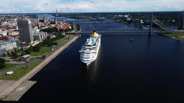 Aerial Drone View Large Cruise Ship Riga Port Latvia View — Stockvideo