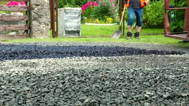 Cantiere Sta Posando Nuovo Asfalto Strada Asfaltata Pavimentazione Lavoratori Delle — Video Stock