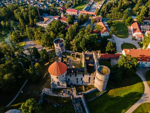 Aerial View Beautiful Ruins Ancient Livonian Castle Old Town Cesis — Foto de Stock