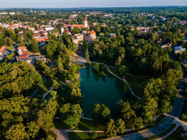 Aerial View Beautiful Ruins Ancient Livonian Castle Old Town Cesis — Stockfoto