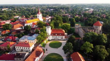 Aerial view of beautiful ruins of ancient Livonian castle in old town of Cesis, Latvia. Located within Gauja national park