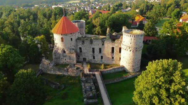 Aerial View Beautiful Ruins Ancient Livonian Castle Old Town Cesis — 비디오