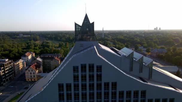 Aerial Drone View Latvian National Library Castle Light Sunset — Vídeos de Stock