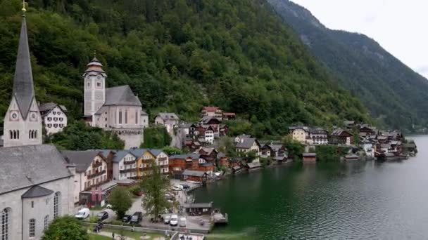 Drone Aereo Veduta Del Famoso Villaggio Montagna Hallstatt Nelle Alpi — Video Stock