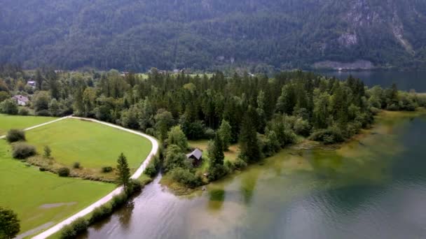 Scenario Del Bellissimo Villaggio Austriaco Obertraun Lago Hallstatt Salzkammergut Paesaggio — Video Stock