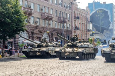 August 24, 2021. Kyiv, Ukraine. Military parade dedicated to the thirtieth anniversary of Ukraine`s independence. Tanks on the streets of Kyiv.