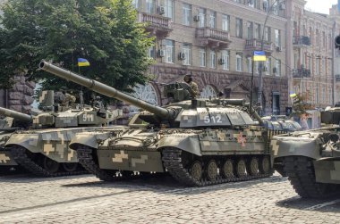 August 24, 2021. Kyiv, Ukraine. Military parade dedicated to the thirtieth anniversary of Ukraine`s independence. Tanks on the streets of Kyiv.