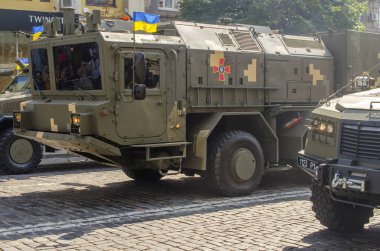 August 24, 2021. Kyiv, Ukraine. Military parade dedicated to the thirtieth anniversary of Ukraine`s independence. A variety of military equipment on the streets of Kyiv.