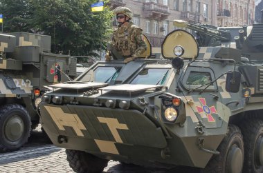 August 24, 2021. Kyiv, Ukraine. Military parade dedicated to the thirtieth anniversary of Ukraine`s independence. A variety of military equipment on the streets of Kyiv.