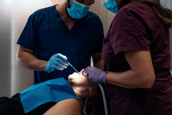 Woman Patient with Two Dentist — Stock Photo, Image