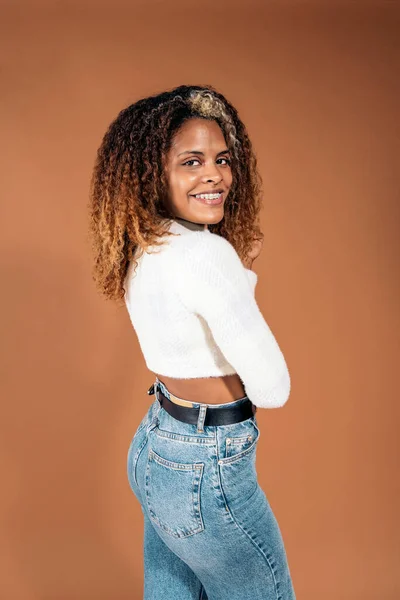 Happy Adult Black Woman Curly Hair Looking Camera Smiling Studio — Stockfoto