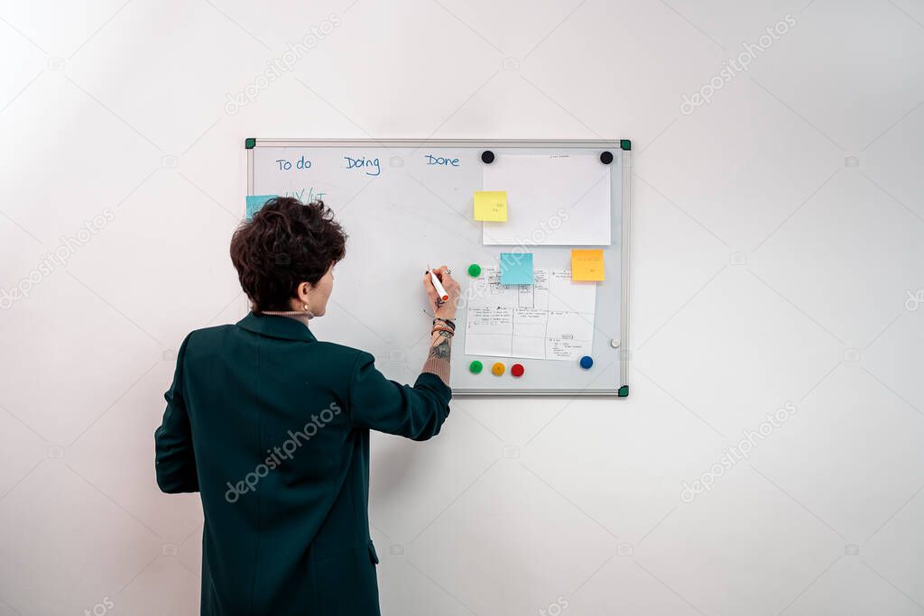 Stock photo of business woman during brainstorming process in 3d printing business.