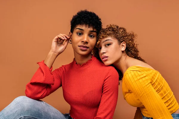 Stock Photo Beautiful Afro Women Posing Studio Shot Brown Background — Stockfoto