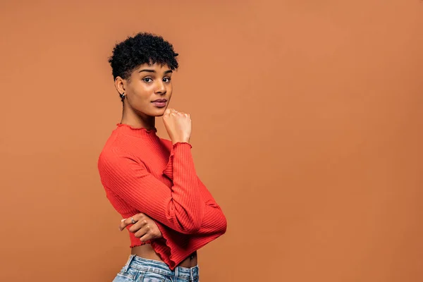 Stock Photo Beautiful Black Woman Posing Studio Shot Brown Background — Φωτογραφία Αρχείου