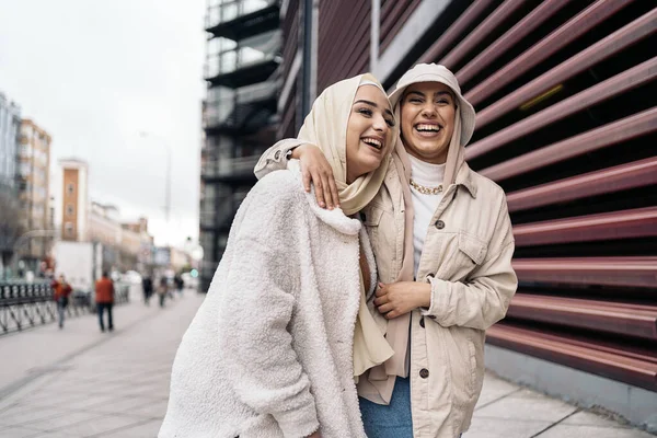 Affective Young Women Wearing Hijab Laughing Walking Street — ストック写真