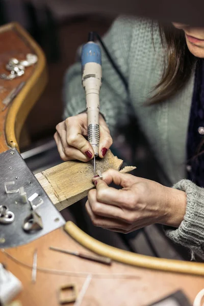 Concentrated Adult Woman Working Jewelry Workshop — 图库照片
