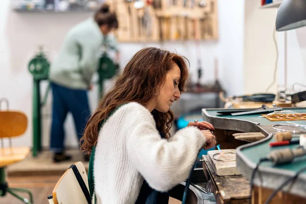 Stock Photo Concentrated Woman Using Blowtorch Jewelry Workshop — 图库照片