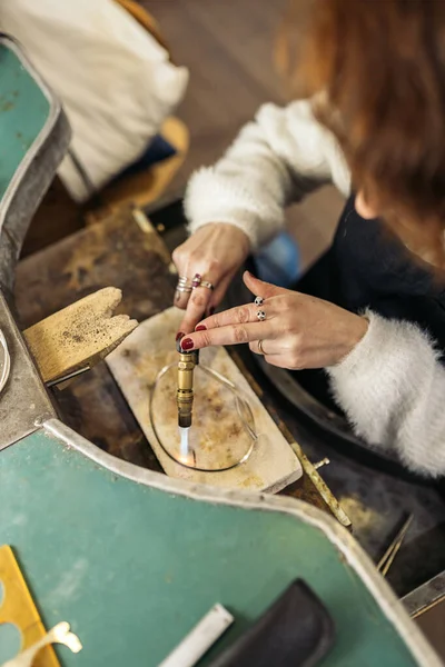 Stock Photo Faceless Woman Using Blowtorch Jewelry Workshop — стоковое фото