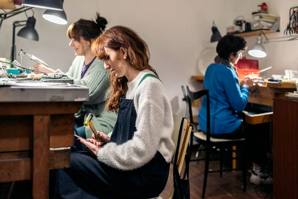 Stock Photo Focused Women Working Jewelry Workshop — Fotografia de Stock