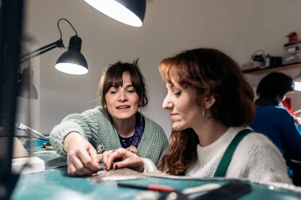 Concentrated Adult Women Working Jewelry Workshop — Fotografia de Stock