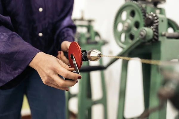 Unrecognized Woman Working Using Tools Jewelry Workshop — стоковое фото