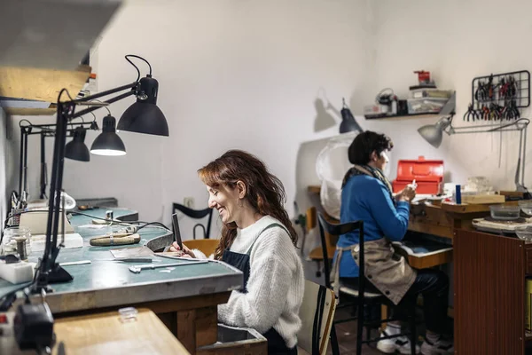 Happy Adult Women Working Jewelry Workshop — Fotografia de Stock