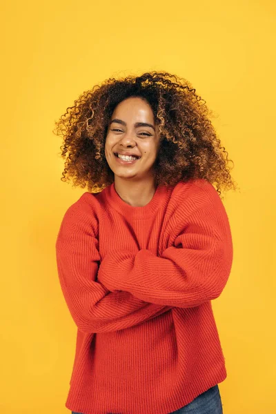 Beautiful Black Woman Curly Hair Smiling Looking Camera Studio Shot — Foto Stock