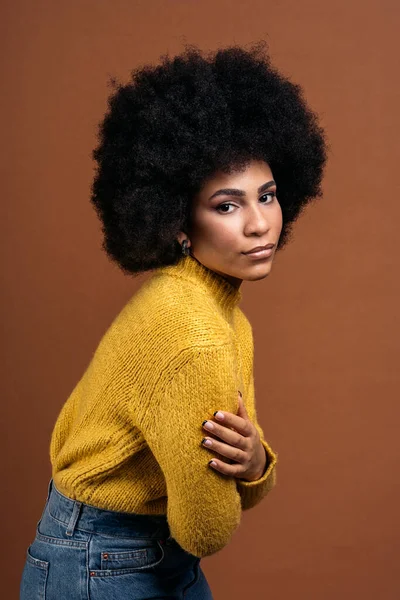Beautiful Young Afro Woman Posing Studio Shot Brown Background Looking — Stockfoto