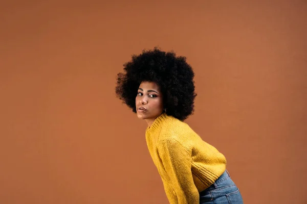 Beautiful Young Afro Woman Posing Studio Shot Brown Background Looking — 스톡 사진