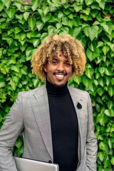 Young Business Man Afro Hair Beautiful Suit Smiling Looking Camera — Stok fotoğraf