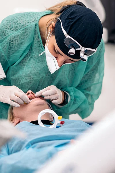 Dentist Wearing Face Mask Dental Magnifying Glasses Doing Check Female — Zdjęcie stockowe