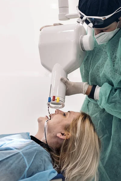 Adult Woman Lying Dental Chair Receiving Dental Treatment Dentist Wearing — Zdjęcie stockowe