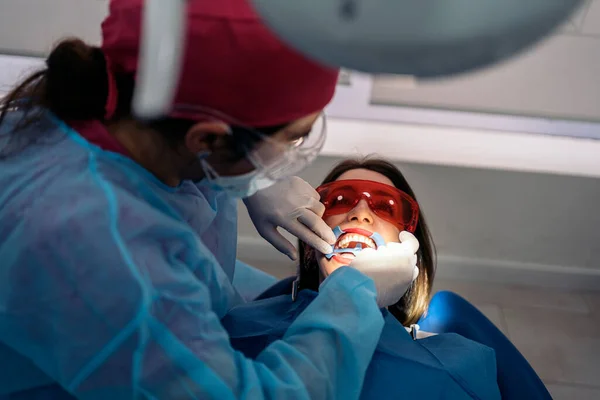 Female Patient Check Dental Clinic Dentist Wearing Face Mask Protective — Zdjęcie stockowe