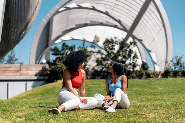 Belos Amigos Africanos Americanos Conversando Divertindo Parque Durante Dia Ensolarado — Fotografia de Stock