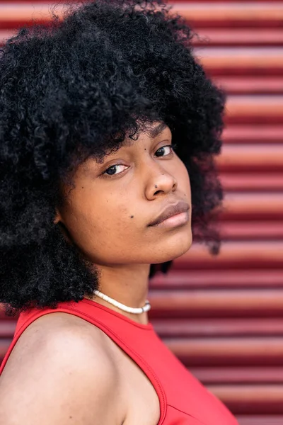 Beautiful young black woman with afro hair posing and looking at camera against red background.