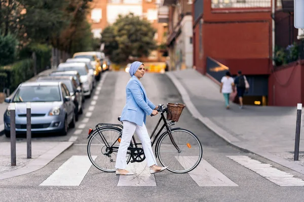 Vertical Image Muslim Woman Wearing Blue Light Suit White Pants Stock Photo