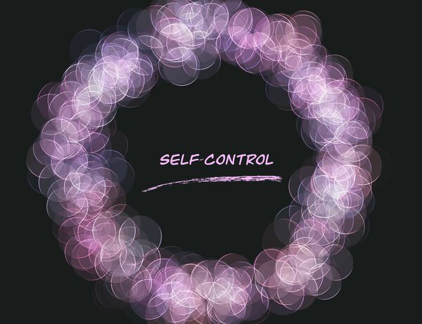 Абстрактная иллюстрация круга, образованного многочисленными розовыми кругами на черном фоне и с мотивирующей фразой самоконтроля в центре.