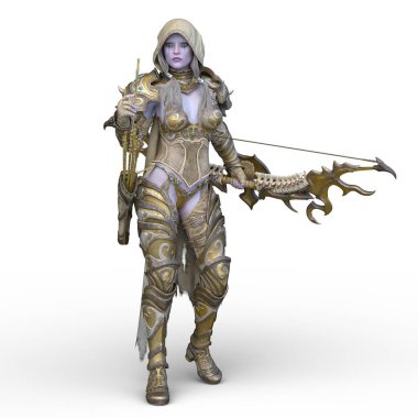 Ok ve yayla üç boyutlu bir kadın savaşçı tasviri.