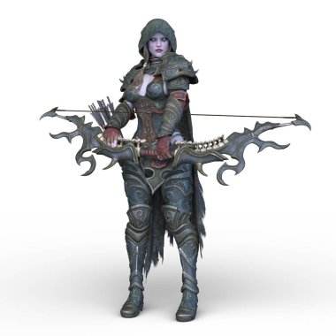 Ok ve yayla üç boyutlu bir kadın savaşçı tasviri.