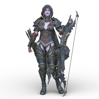 Ok ve yayla üç boyutlu bir kadın savaşçı tasviri.