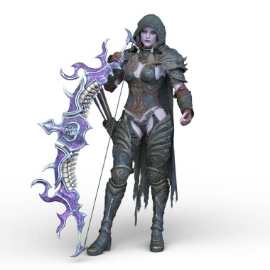 Ok ve yayla üç boyutlu bir kadın savaşçı tasviri.