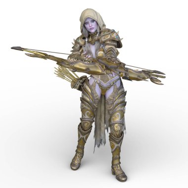 Ok ve yayla üç boyutlu bir kadın savaşçı tasviri.