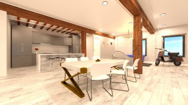 Geniş oturma odasının 3 boyutlu canlandırması