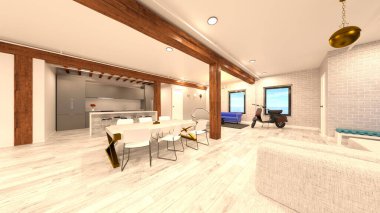 Geniş oturma odasının 3 boyutlu canlandırması