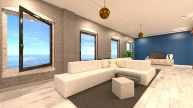 Geniş oturma odasının 3 boyutlu canlandırması