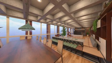 Geniş oturma odasının 3 boyutlu canlandırması 